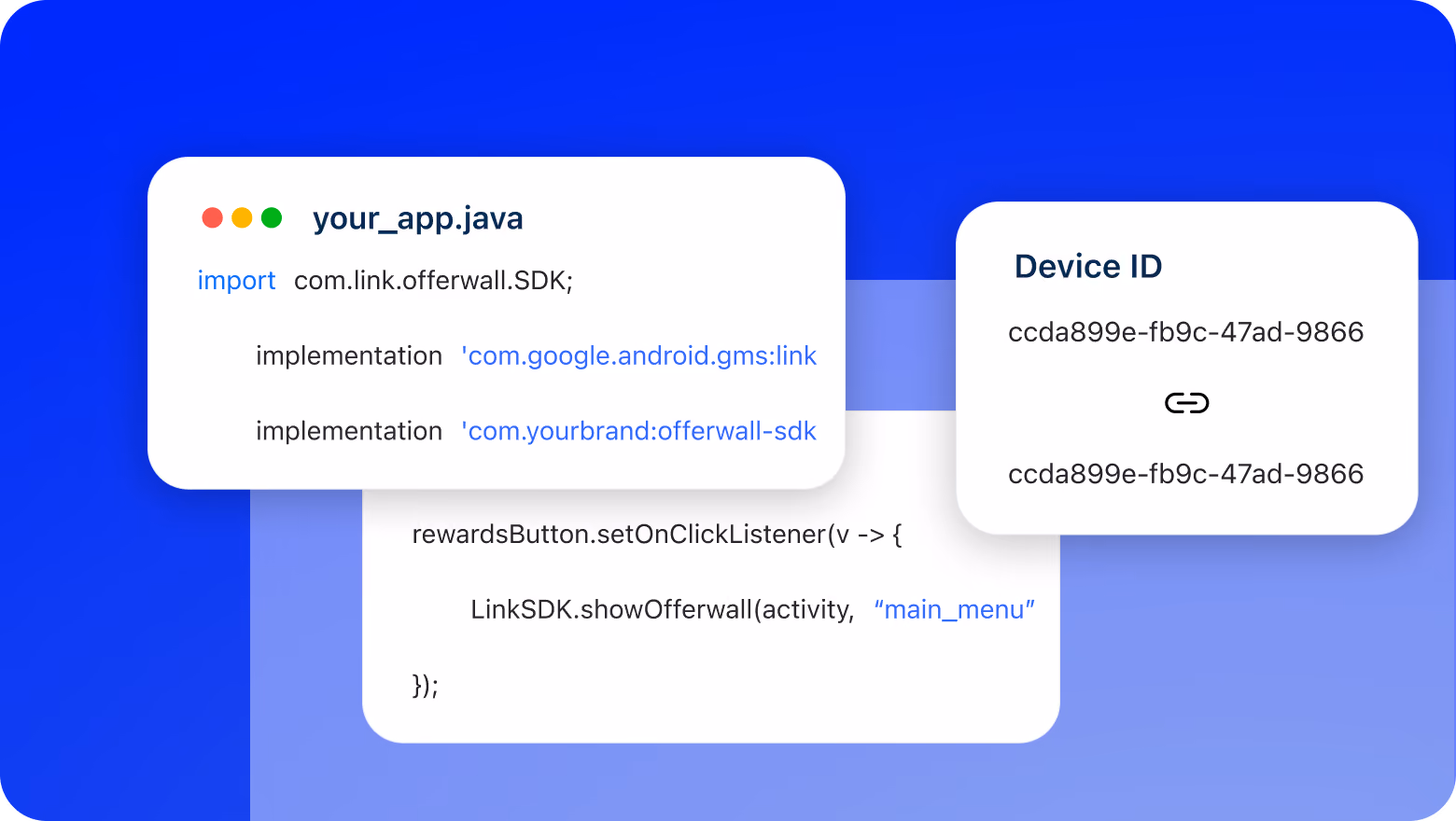 Code snippet showing Java SDK integration for an offerwall, including the import statement, Gradle dependencies, and a button click listener that opens the offerwall, alongside a card displaying a linked device ID.
